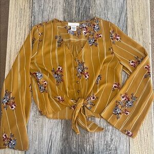 URBAN Romantics Mustard Floral Button-Front Tie Top